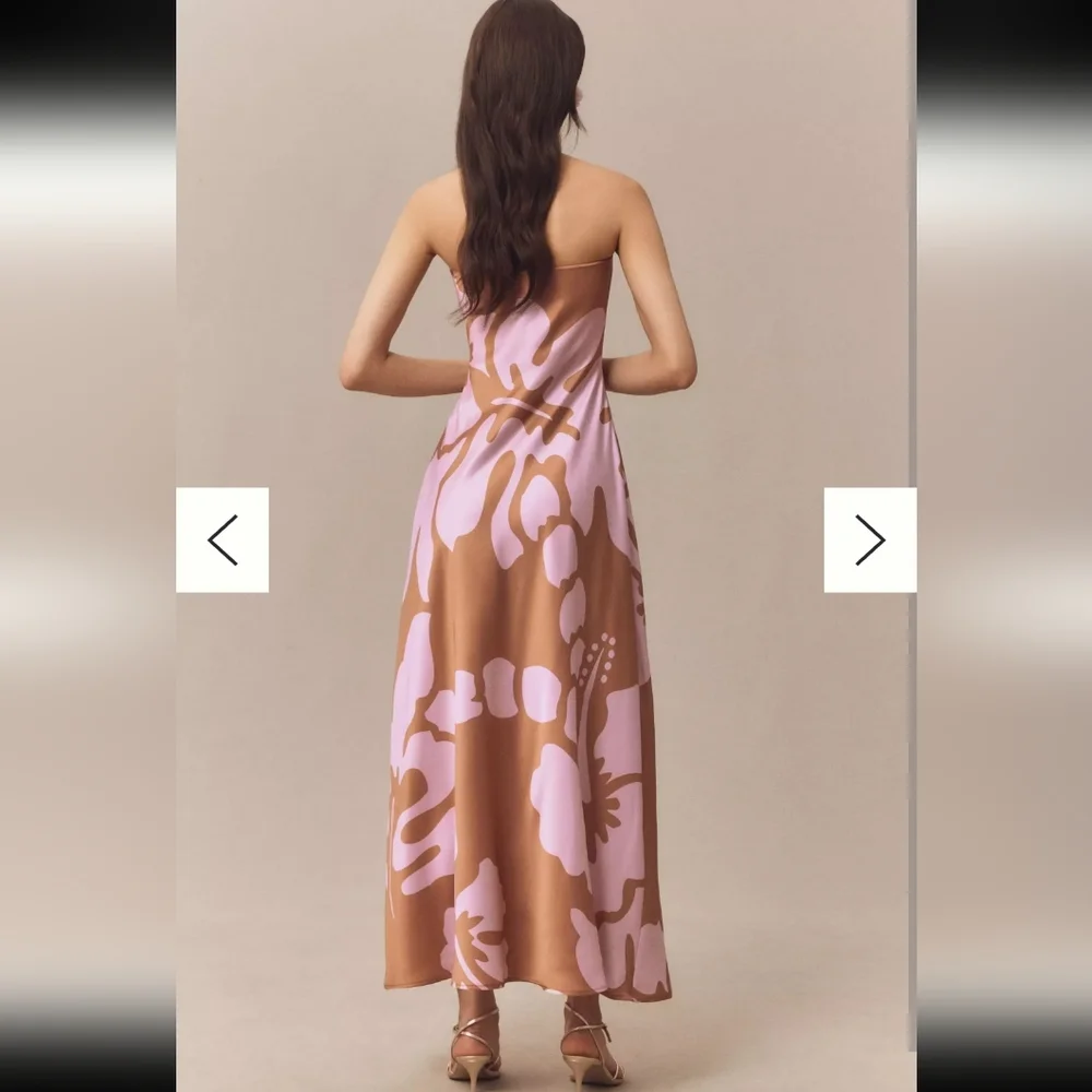 New Hutch Elegant Strapless Column Satin Brown and‎ Pink Floral Dress - Picture 2 of 6